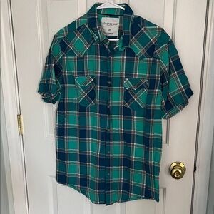 Aeropostale Men's Western Style Teal and Navy Plaid Pearl Snap Shirt